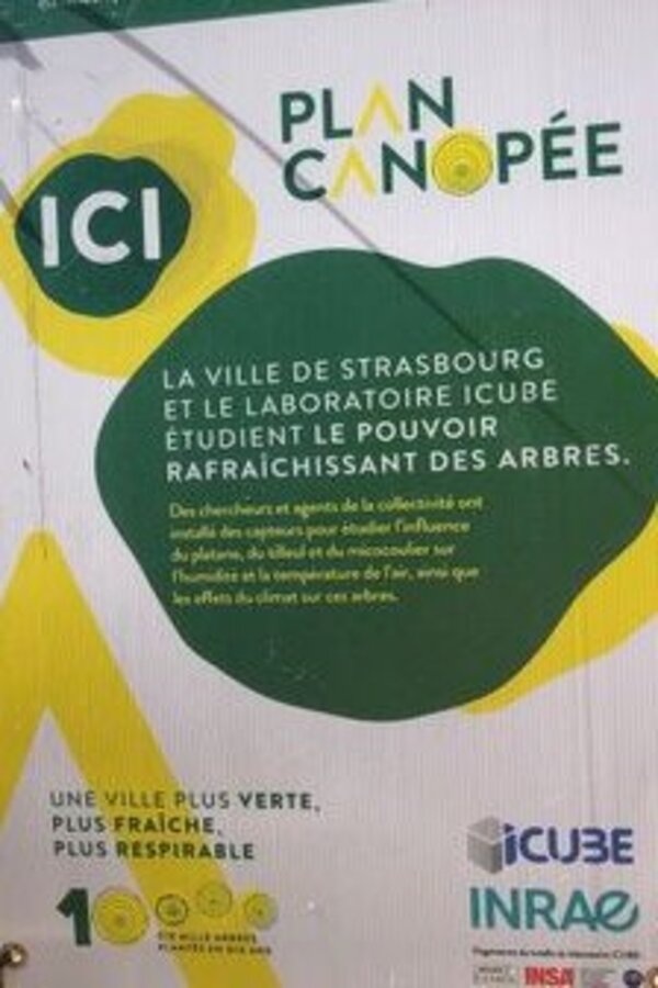 Panneau urbain indiquant un projet du Plan Canopée mené par l’Eurométropole de Strasbourg en collaboration avec le laboratoire ICube