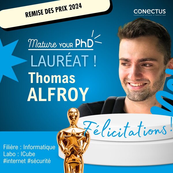 Visuel officiel annonçant Thomas Alfroy comme lauréat du programme Mature your PhD 2024